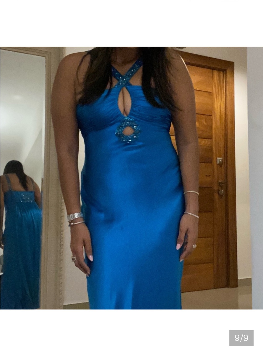 Aidan Mattox Teal Blue Beaded Halter Evening Gown